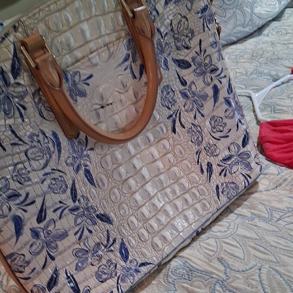 Floral Embossed Cream and Blue Tote Bag From BRAHMIN